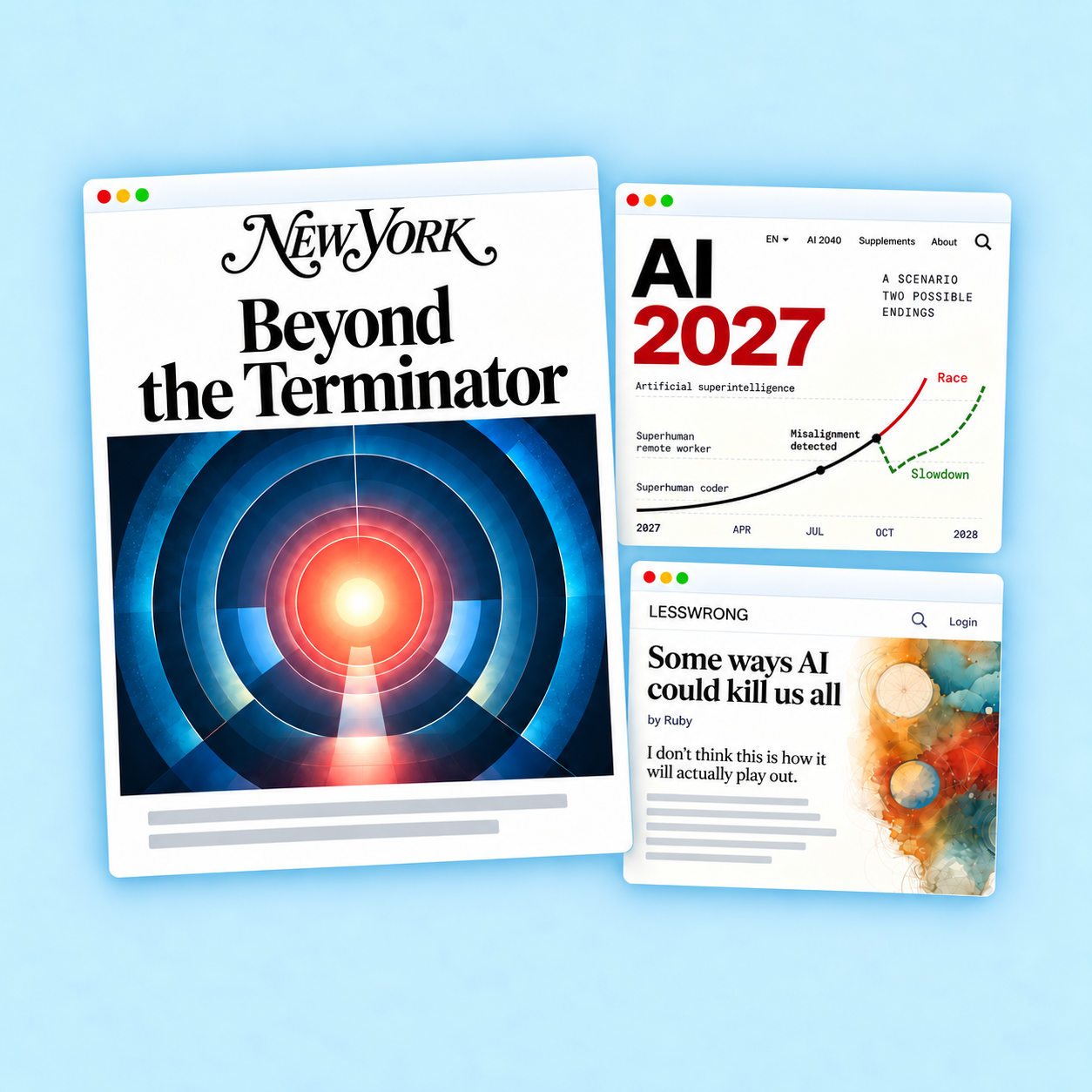 New York Magazine, AI 2027 and the LessWrong essay in overlapping browser windows