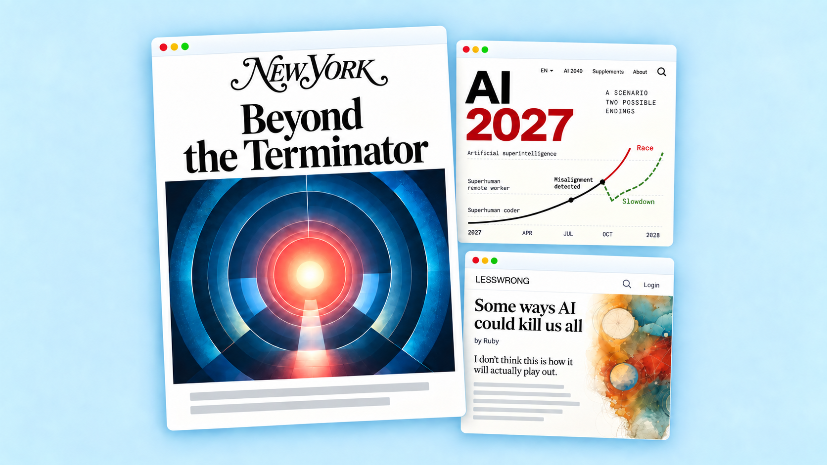 New York Magazine, AI 2027 and the LessWrong essay in overlapping browser windows