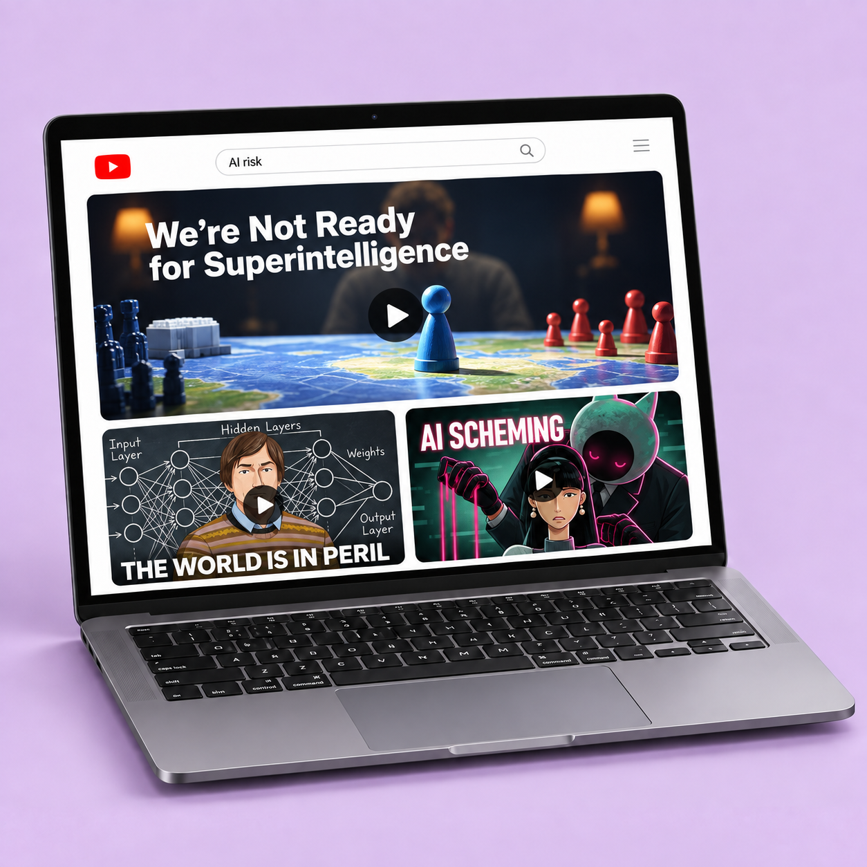 Three video picks on a laptop: We’re Not Ready for Superintelligence; AI is a massive problem, here’s why; and Do they know that we know that they know?